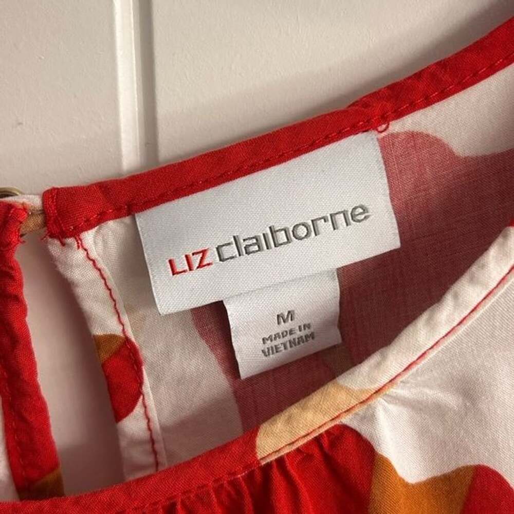 Liz Claiborne Red Floral Iris Print Blouse Flutter Sleeve M - Picture 2 of 8